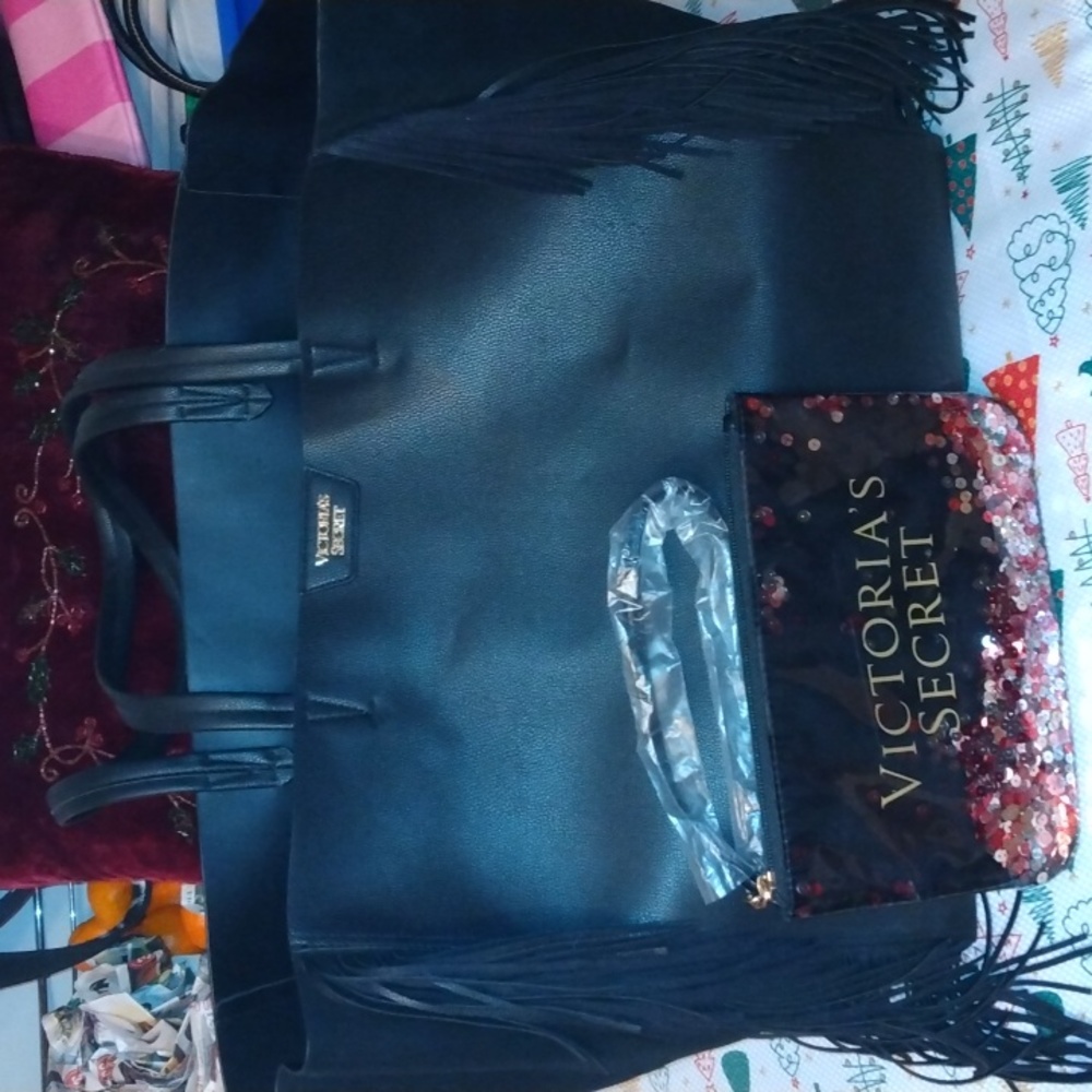 Victoria Secret black tote bag+ black and  sequin festive cosmetic bag New